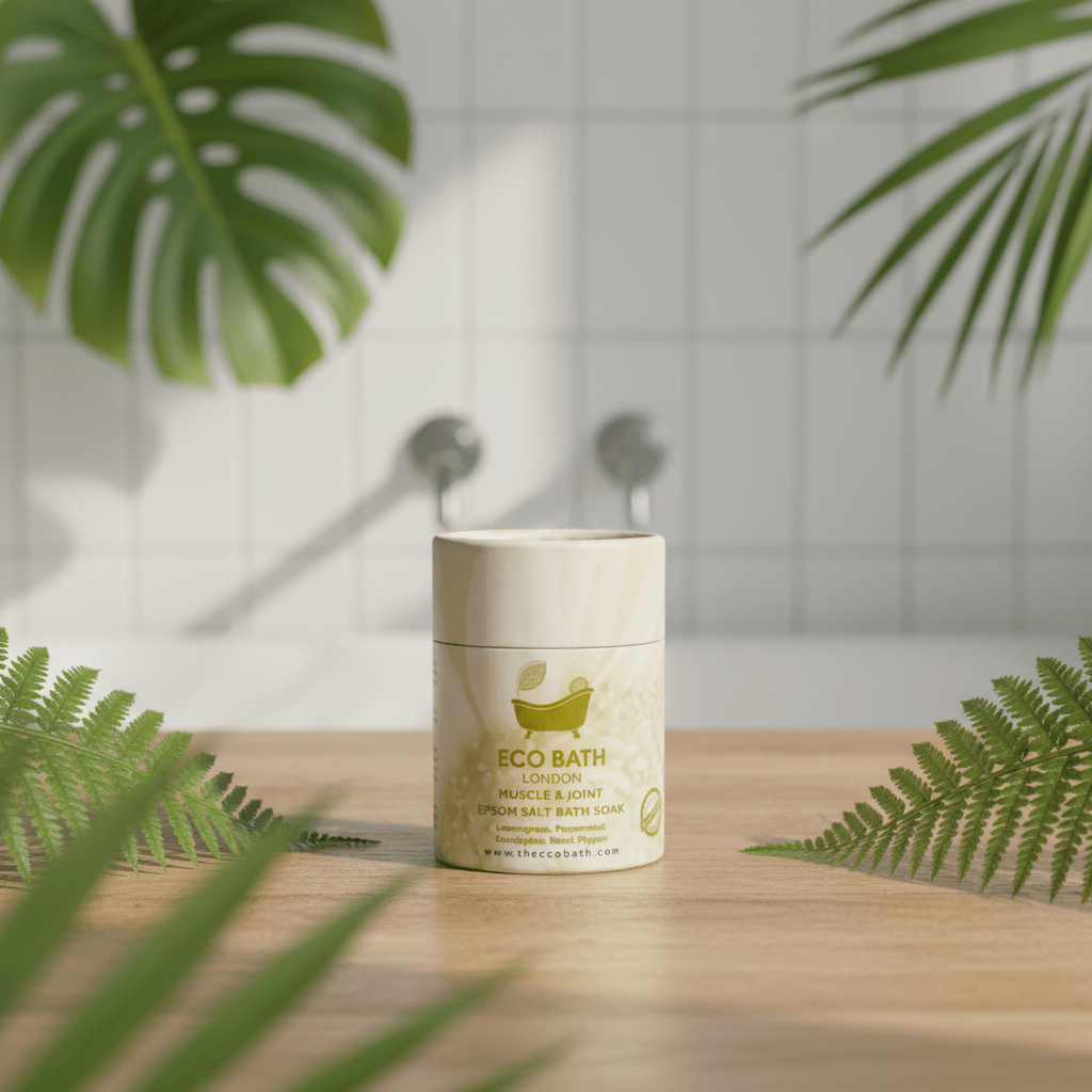 Eco Bath product on a wooden surface with green leaves and tiled wall background