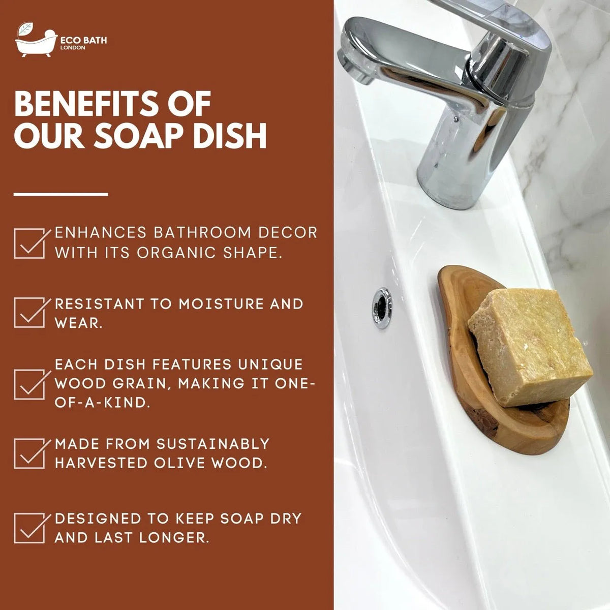 Wooden soap dish with soap on a sink, featuring benefits text on a brown background.