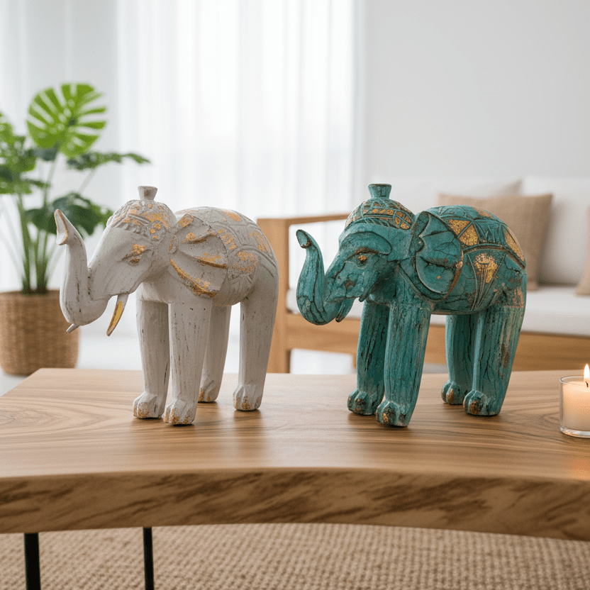 Two decorative elephant figurines on a wooden table with candles and plants in the background.