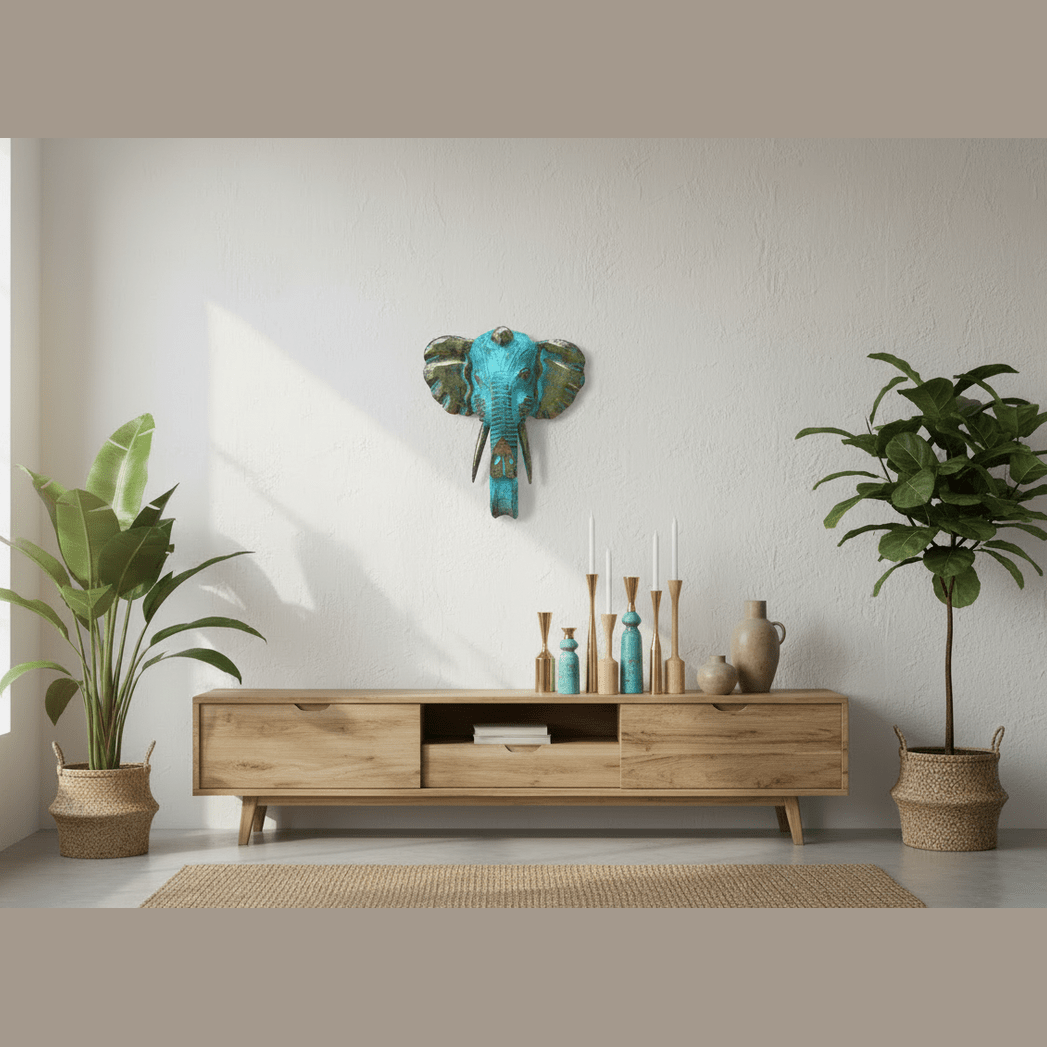 Wooden TV stand with decorative items in a room with plants and a wall sculpture.