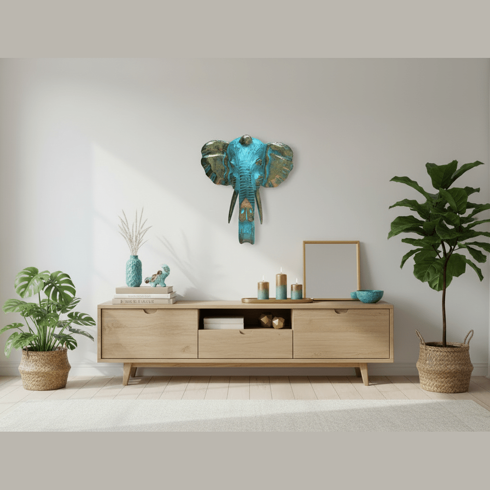Modern living room with wooden sideboard, decorative elephant head, and plants.