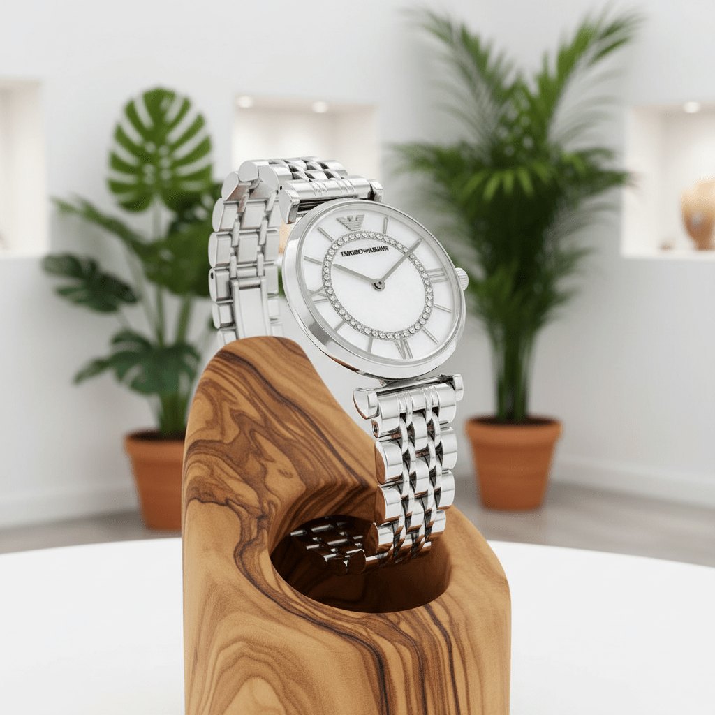 Silver watch on a wooden stand with exotic green plants in the background