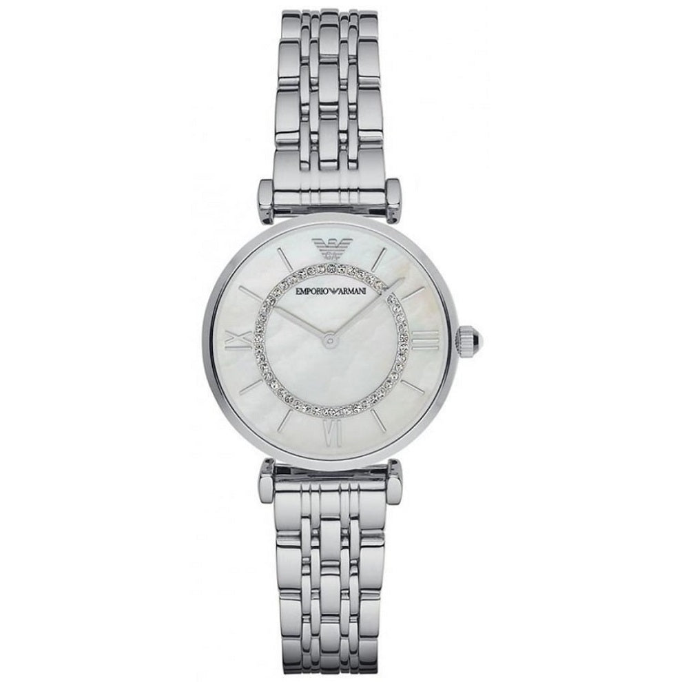Silver Emporio Armani watch with a white face on a white background