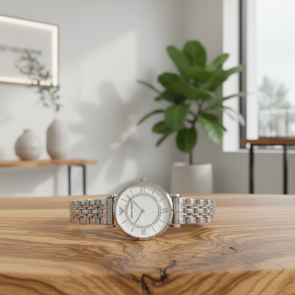 Silver watch on a wooden surface with a blurred indoor background