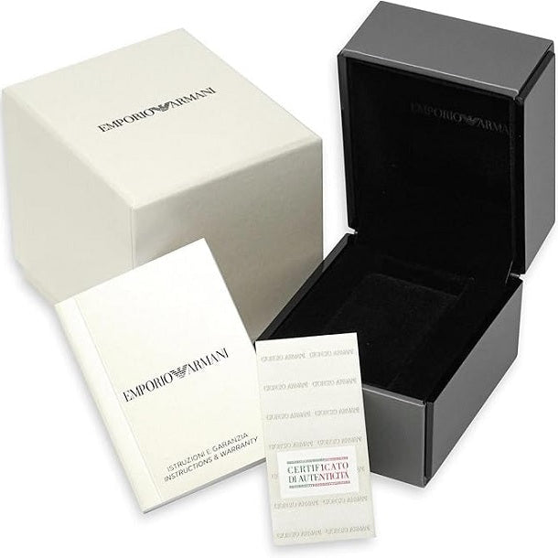 Emporio Armani packaging including a black box, white card, and certificate on a white background.