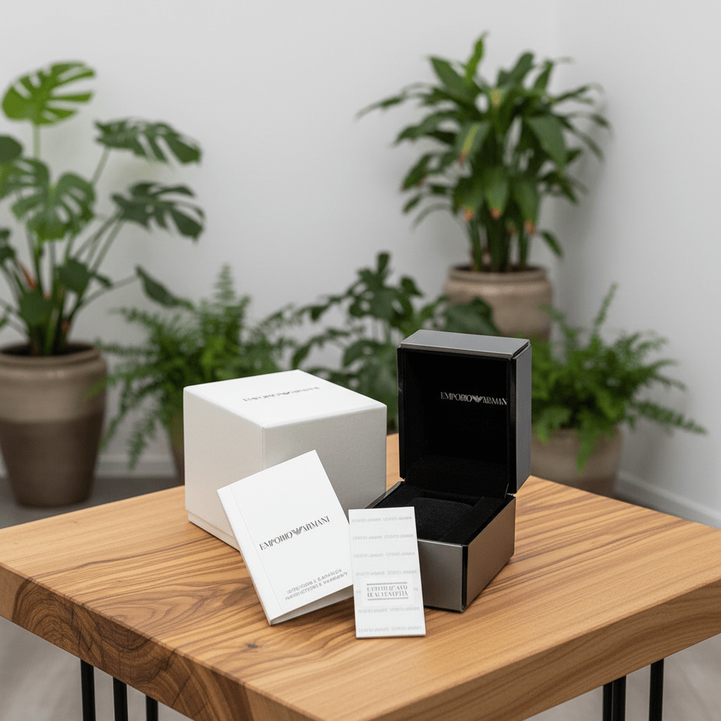 Luxury jewelry box and packaging on a wooden table with plants in the background