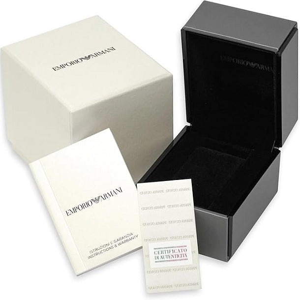 Emporio Armani jewelry box with certificate and instruction manual on a white background