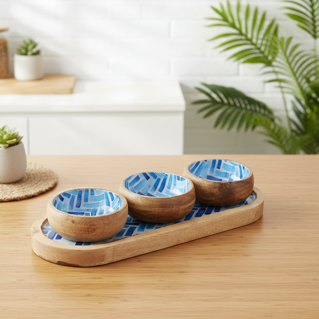 Mango Wood Bowls & Trays Blue Handmade & Sustainably Sourced