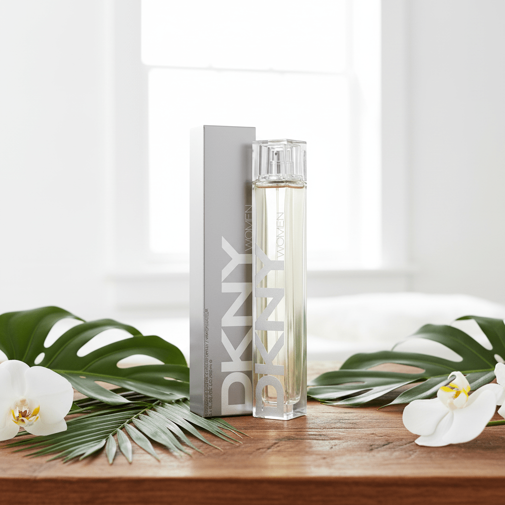 DKNY perfume bottle and packaging on a wooden surface with green leaves and white flowers.