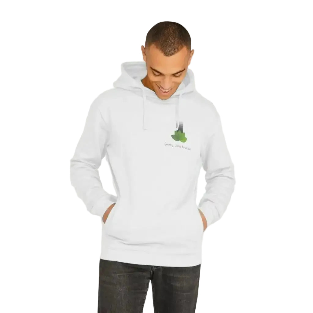 Man wearing a white hoodie with a logo on a plain background