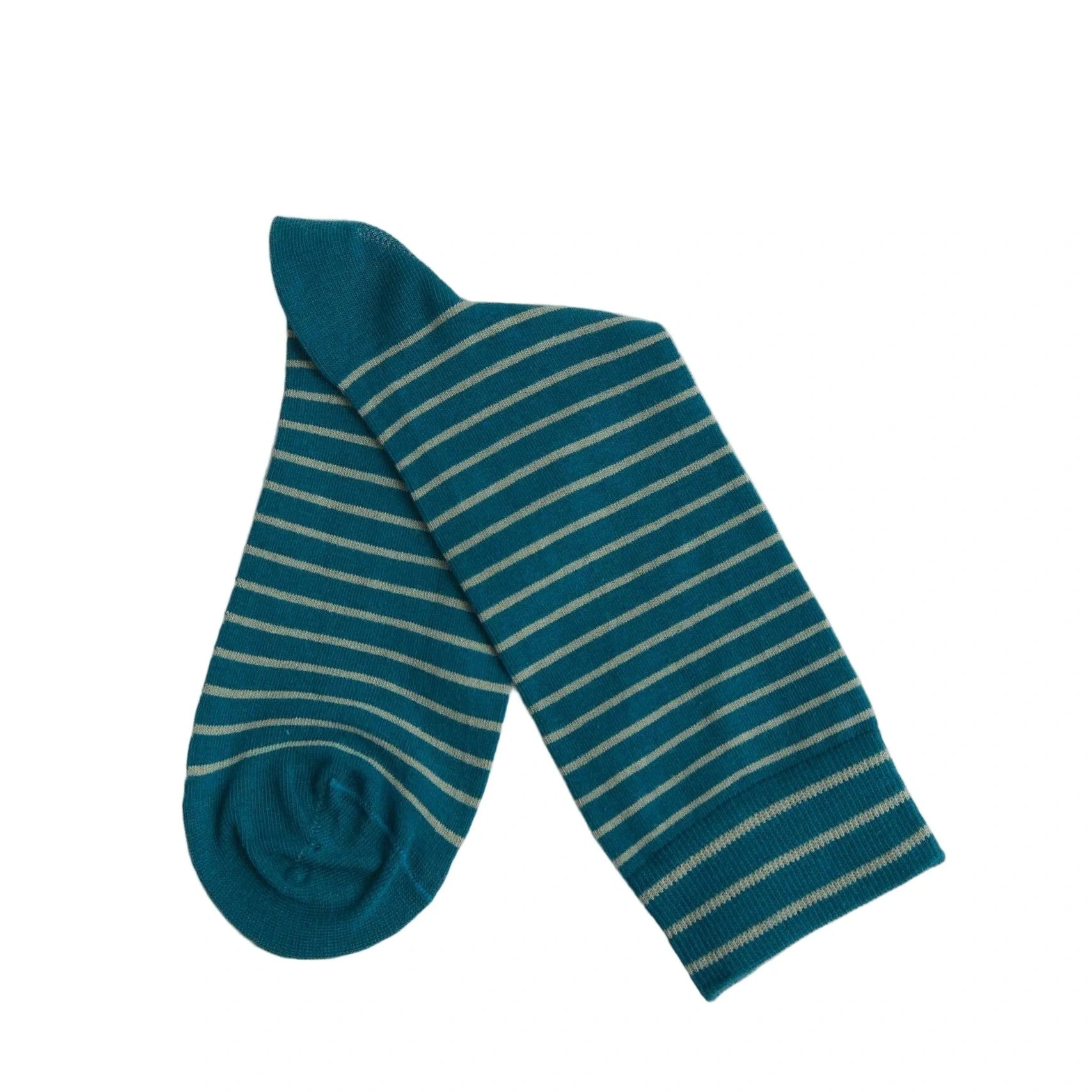 Teal sock with white stripes on a white background