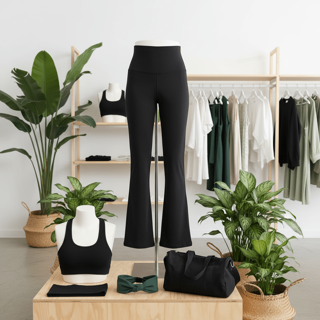 Black athletic outfit with leggings and sports bra on a mannequin, surrounded by plants and clothing rack.