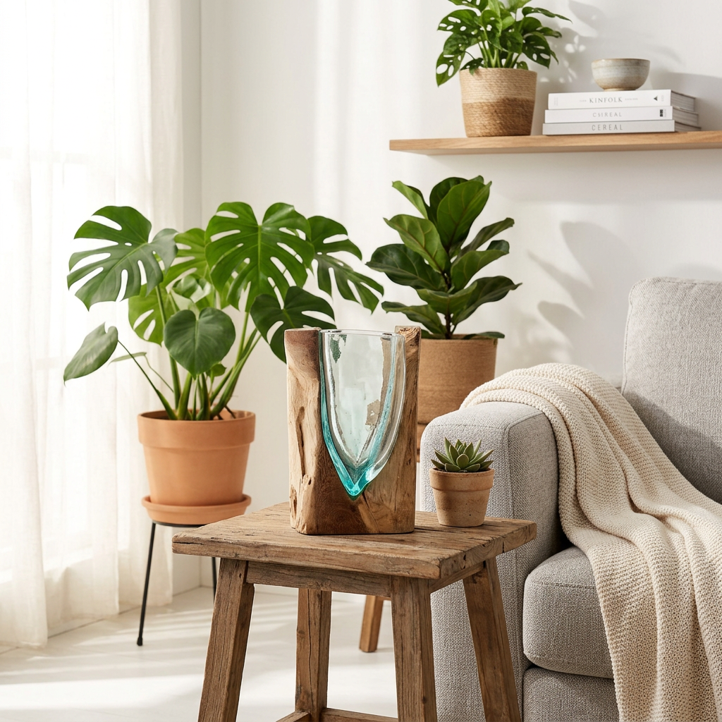 A rustic wooden side table in a bright living room setting, holding a sculptural glass vase with a blue-green gradient and a natural wood-grain base. The table is styled with potted plants, a cosy grey armchair with a cream throw blanket, and a floating wooden shelf in the background.