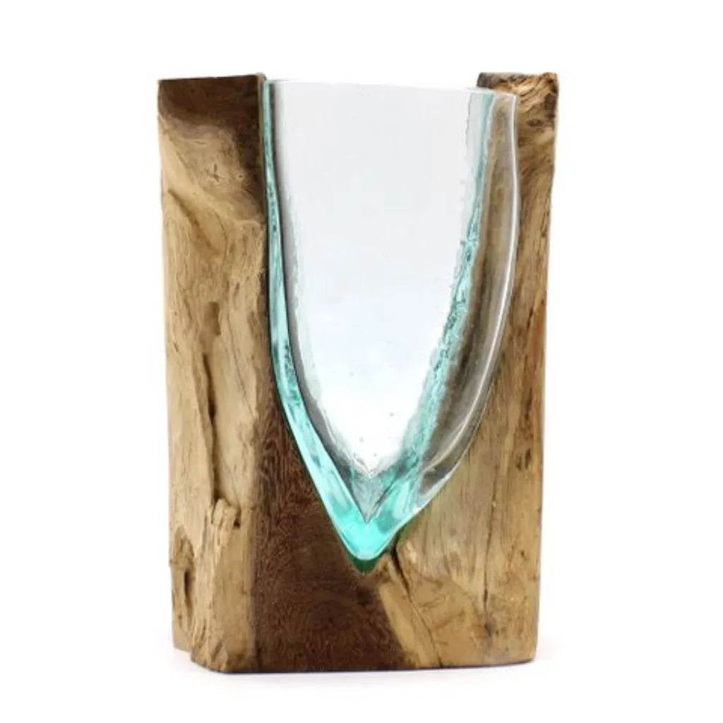 V-shaped glass art vase fitted into a natural wood base on a white background