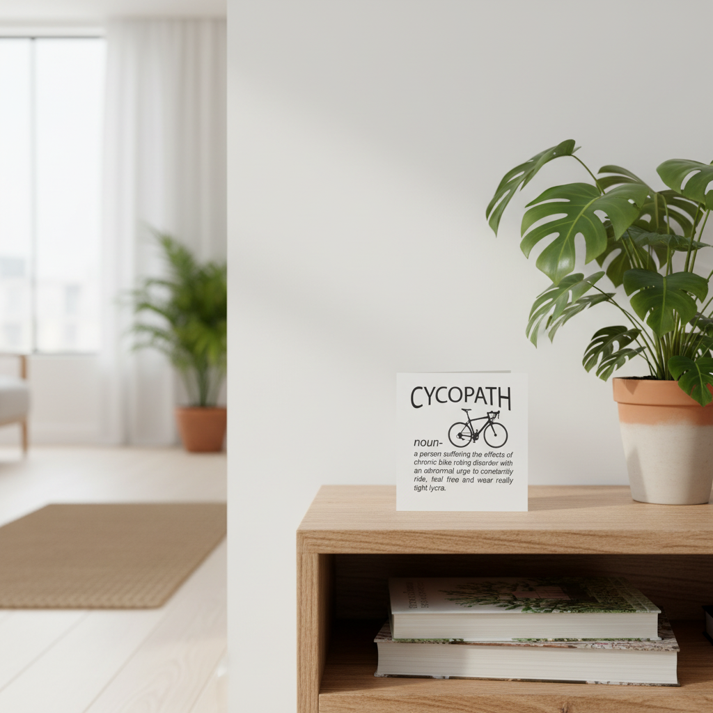 A small white card with the word 'CYCOPATH' and a bicycle illustration sits on a light wood shelf in a bright, modern room. A potted green plant and books are visible nearby.