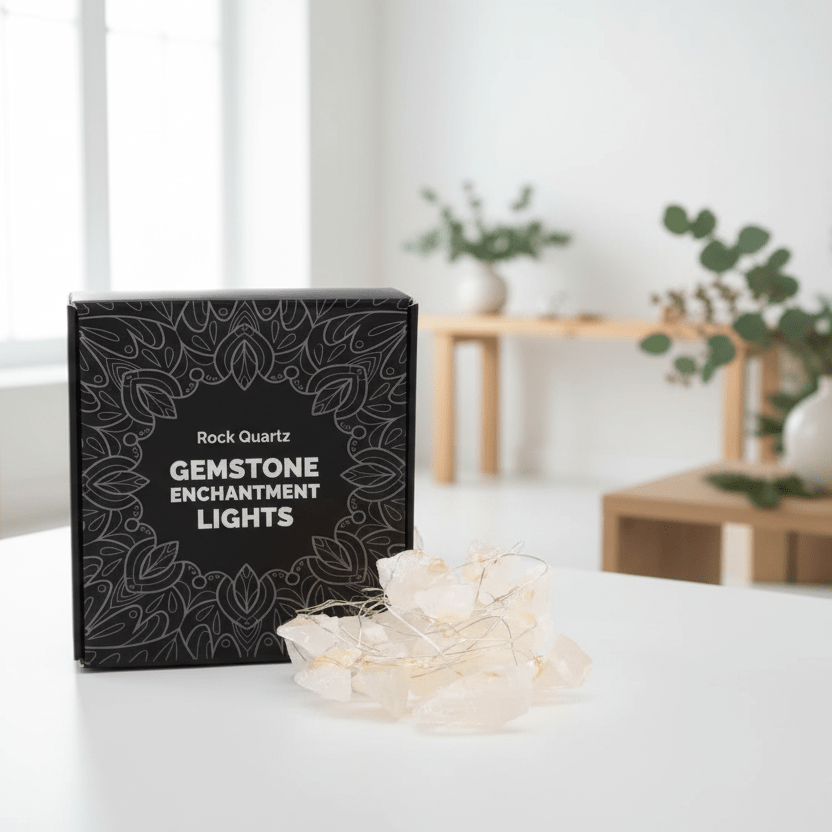 Box of Gemstone Enchantment Lights on a table with a Christmas tree in the background