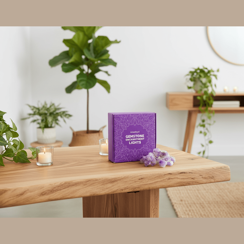 Purple box labelled 'Gemstone Lights' on a wooden table with plants and candles in a room.