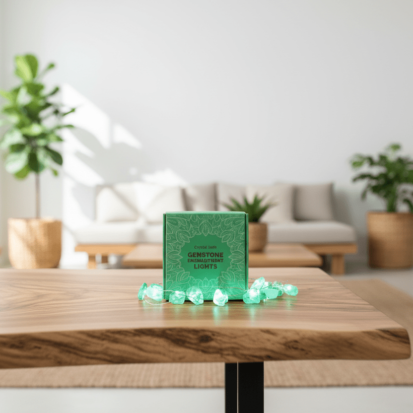 Green box with small green crystal lights on a wooden table in a bright living room.