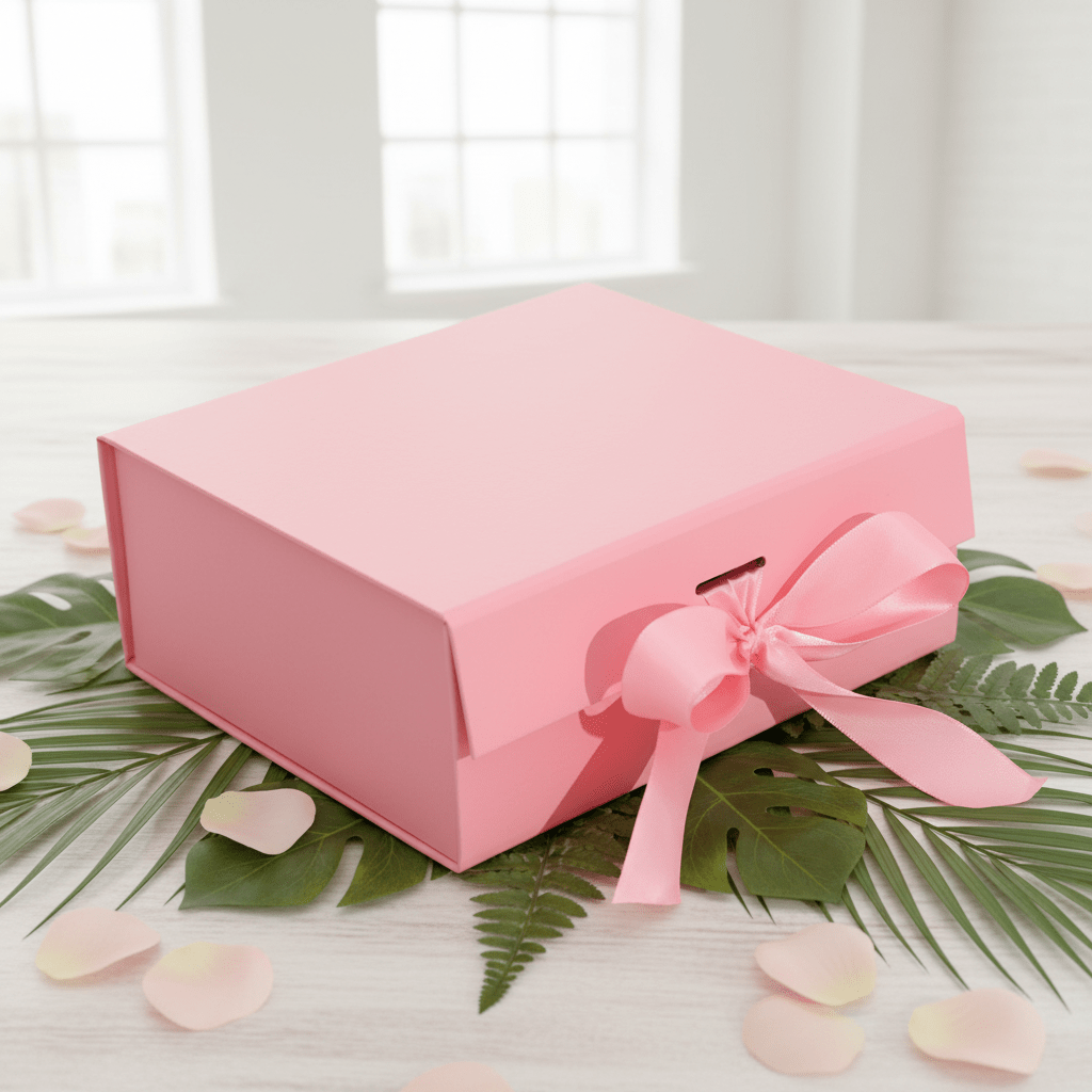 A pink luxury gift box perfect for Valentines gifts on a wooden surface with rose petals and green foliage.