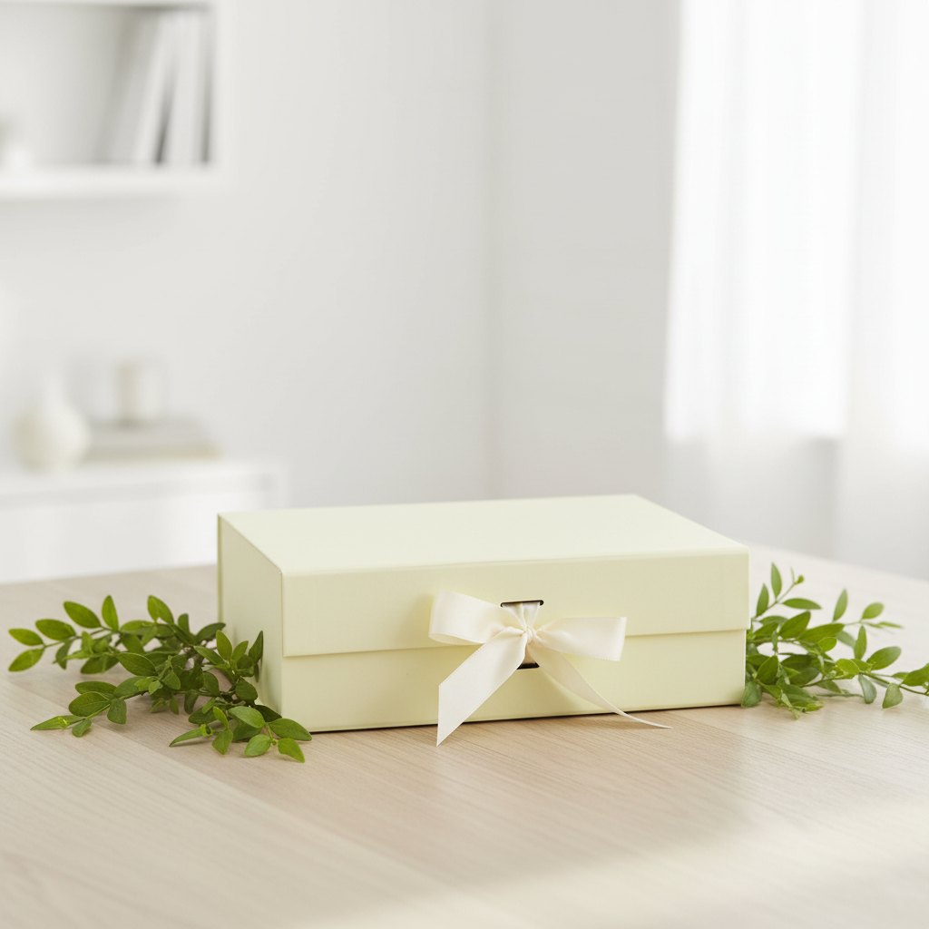 A pale cream rectangular gift box with a cream ribbon bow on the front, styled on a light wood table with green foliage in a softly blurred indoor setting.