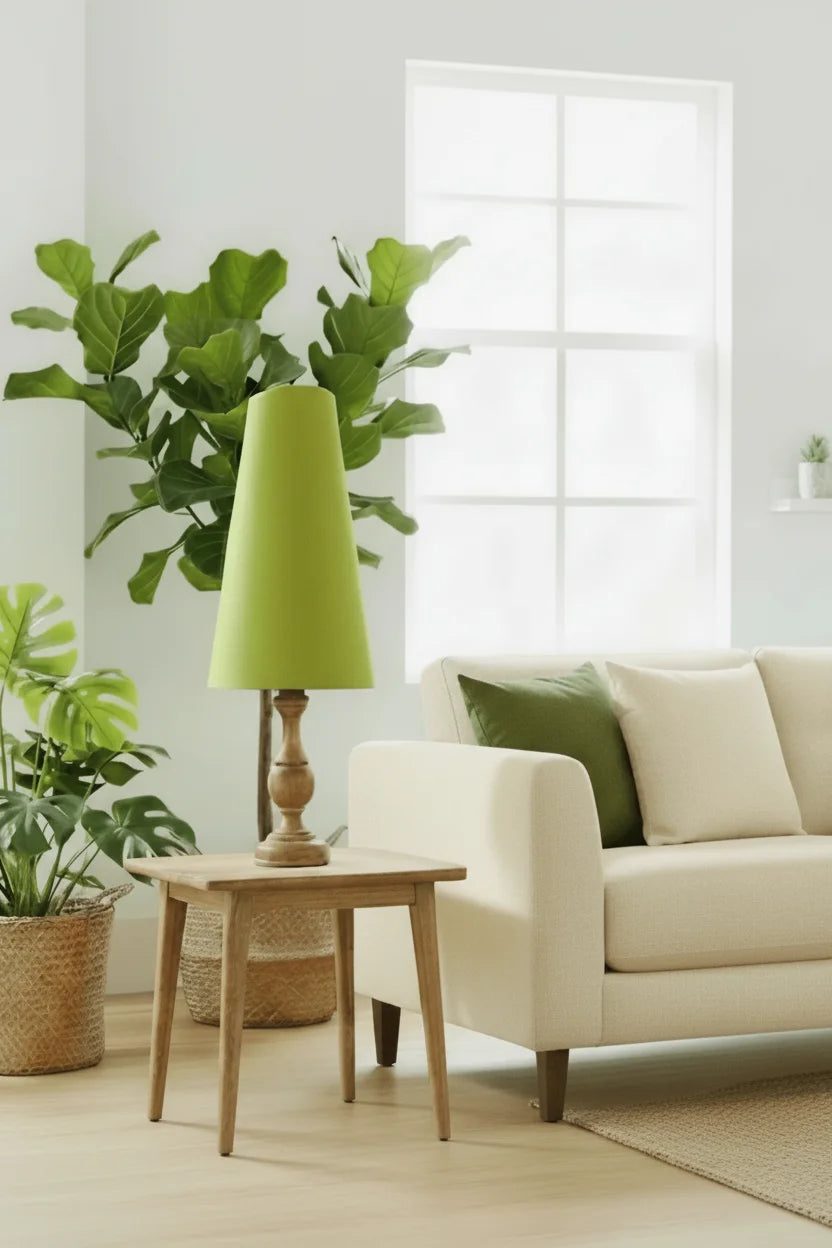 A modern living room scene featuring a light green conical table lamp on a small wooden side table next to a cream-colored sofa with green pillows, with a large fiddle-leaf fig plant in the background.