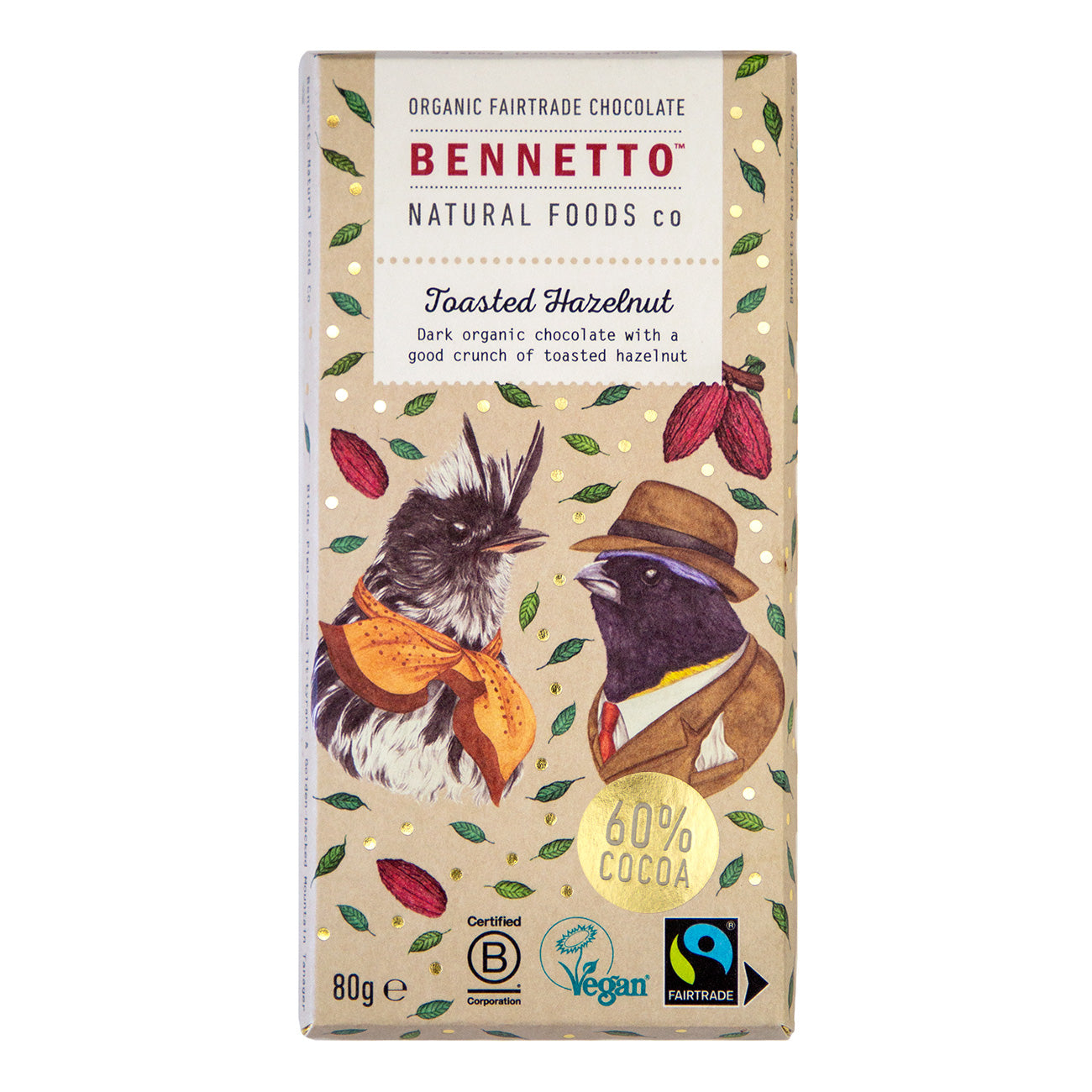 Bennetto toasted hazelnut chocolate bar packaging with illustrated birds on a beige background