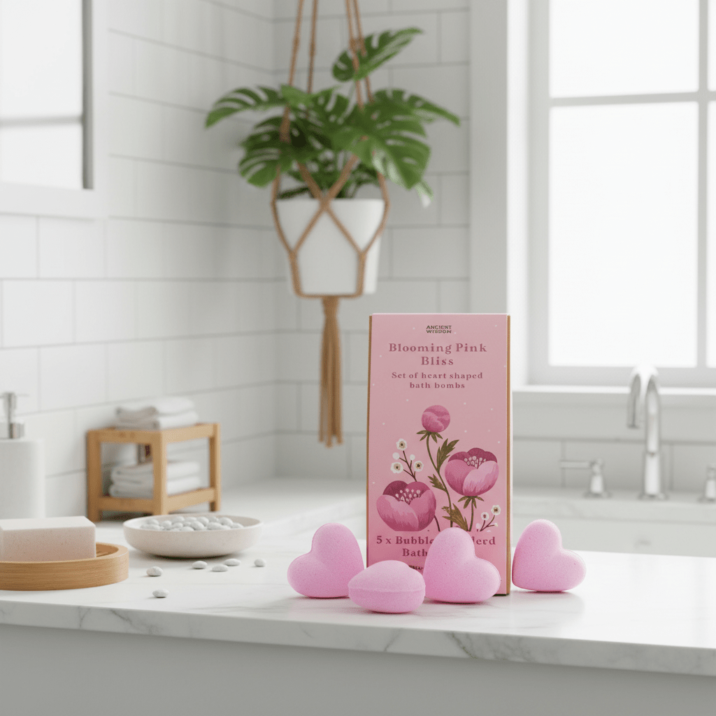 Pink bath bombs and packaging on a bathroom counter with a plant in the background