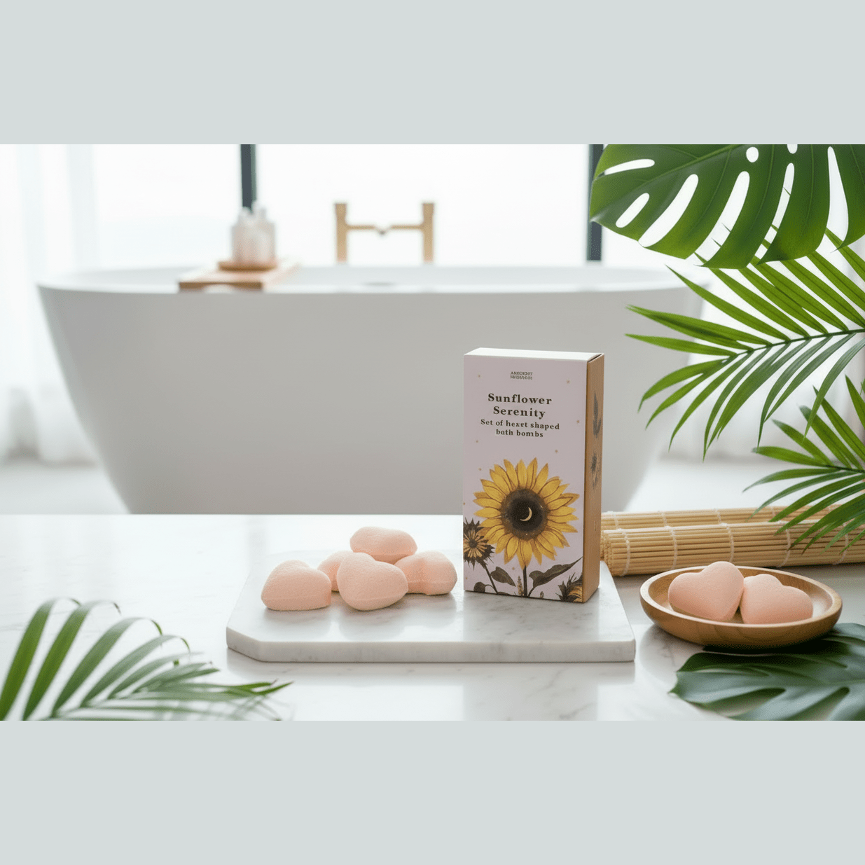 Sunflower Serenity bath bomb set packaging on a marble surface with bath bombs and greenery.