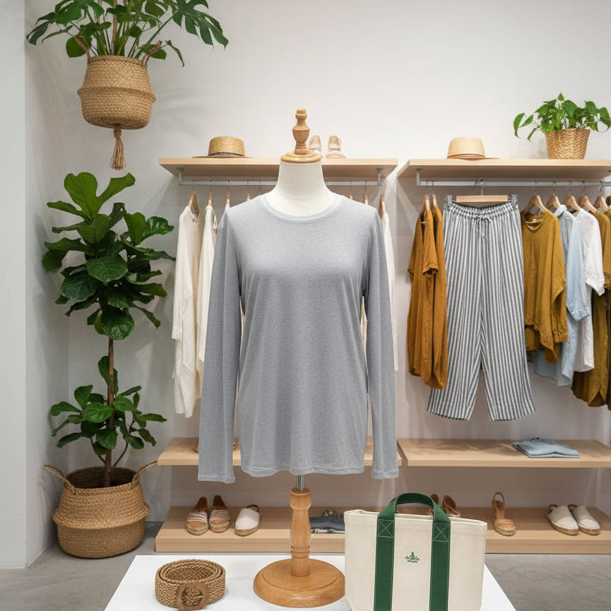 A long-sleeve knit crewneck hemp T-shirt hangs on a wooden manakin in an eco-friendly clothing boutique.