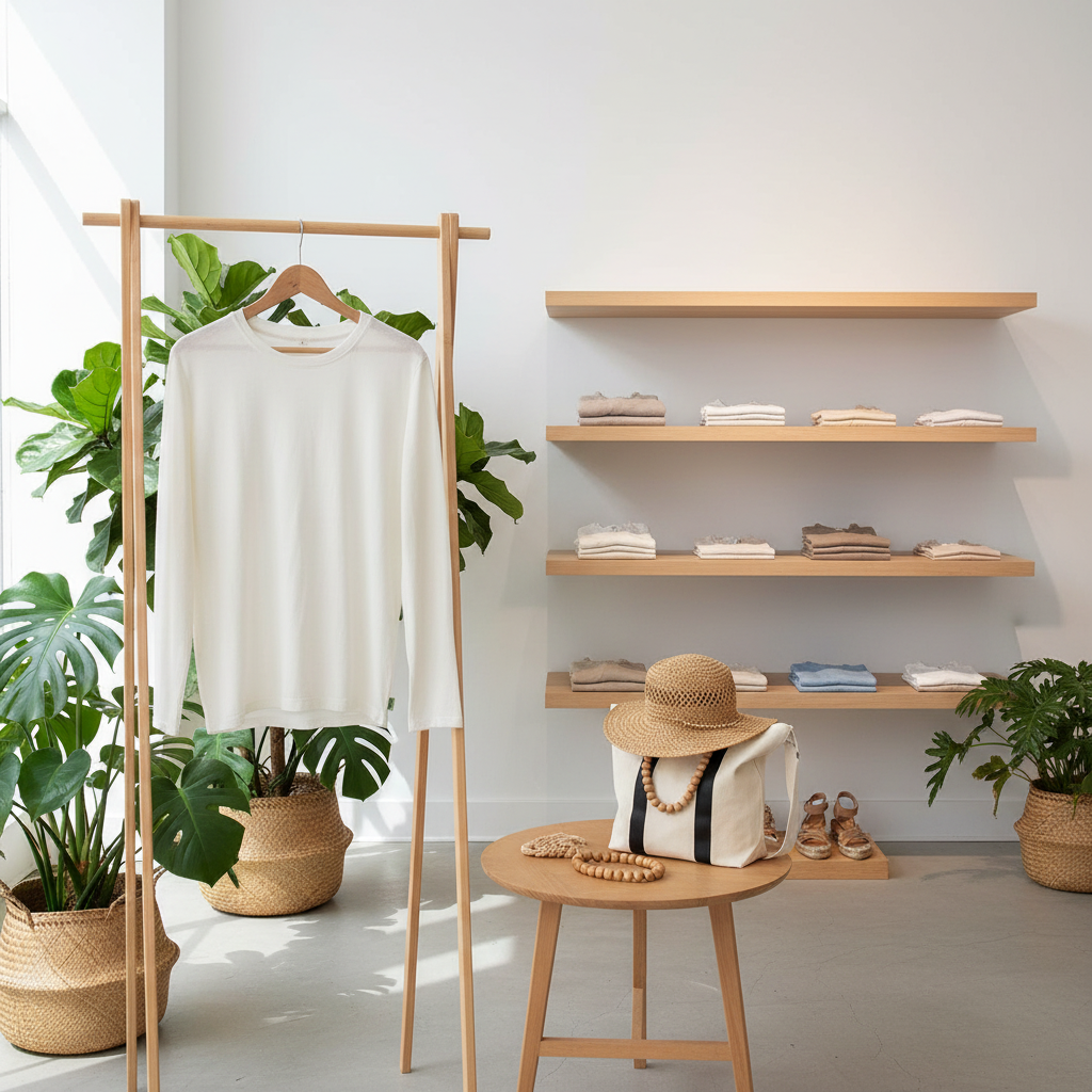 A long-sleeve knit crewneck hemp T-shirt hangs on a wooden hanger in an eco-friendly clothing boutique.