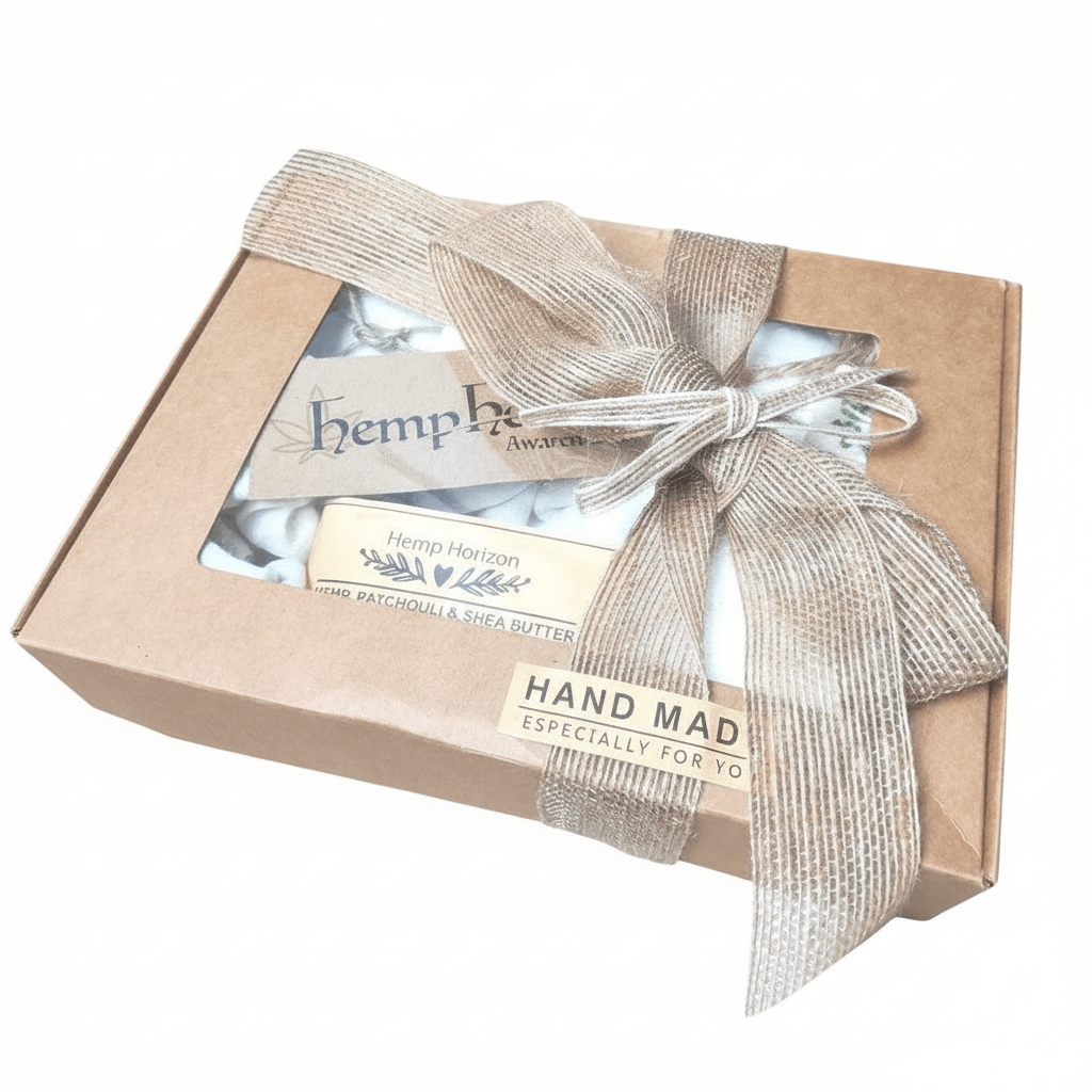 Gift box with a bow featuring 'hemp' branding on a white background