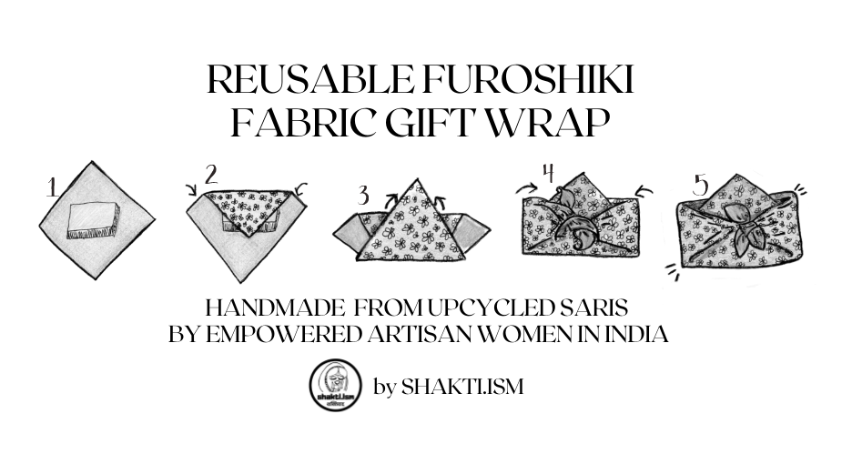Diagram of reusable furoshiki fabric gift wrap with Shaktiism branding