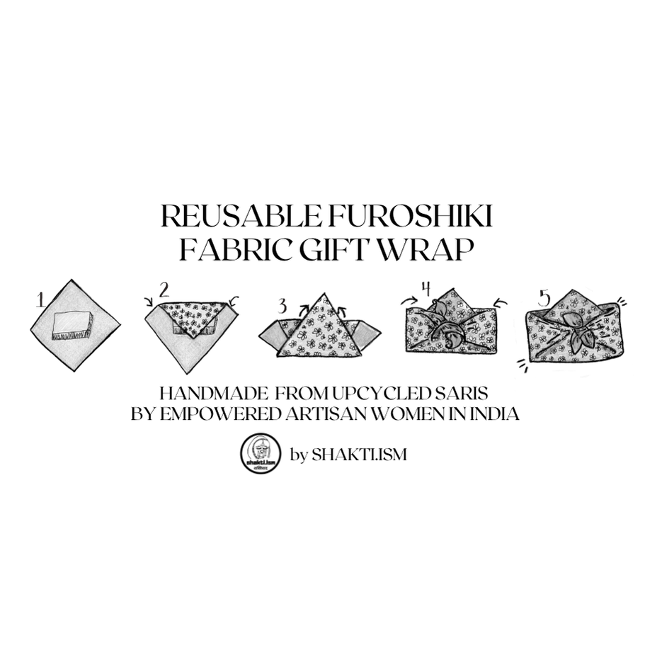 Diagram of reusable furoshiki fabric gift wrap with Shaktiism branding