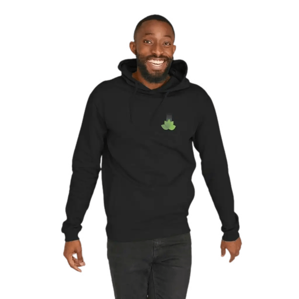 Man wearing a black hoodie with a green logo on a transparent background