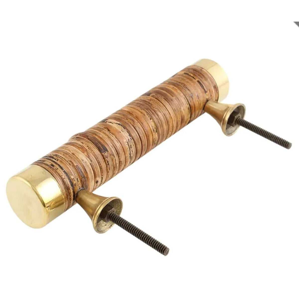 Rear angled view of Coquet rattan-wrapped bar handle showing two threaded fixing bolts