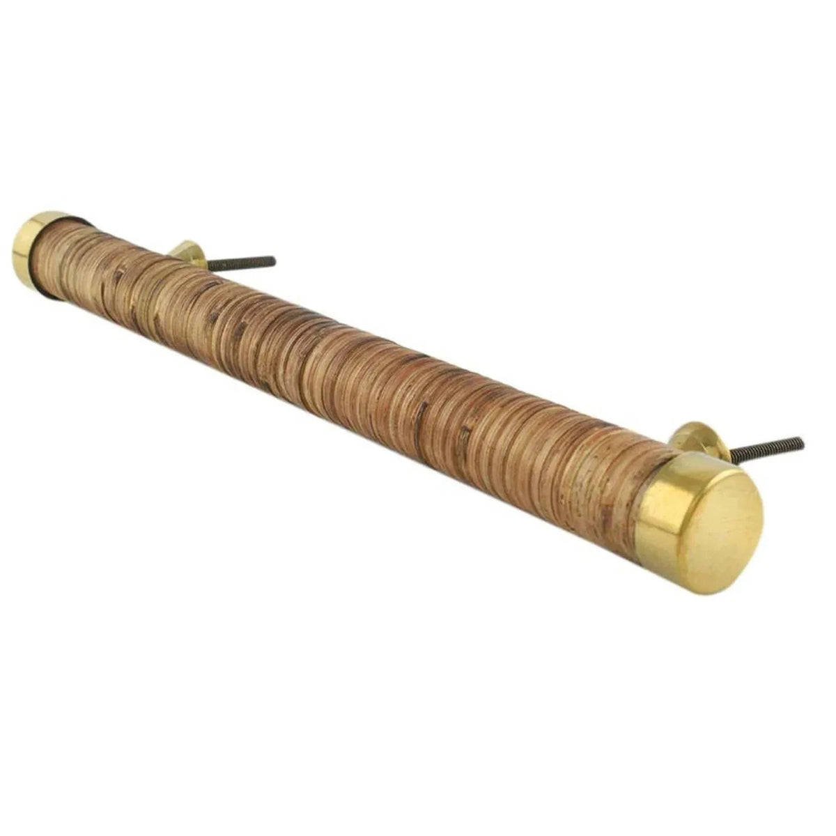 Angled view of Coquet rattan-wrapped handle showing gold-coloured fittings and fixing bolts