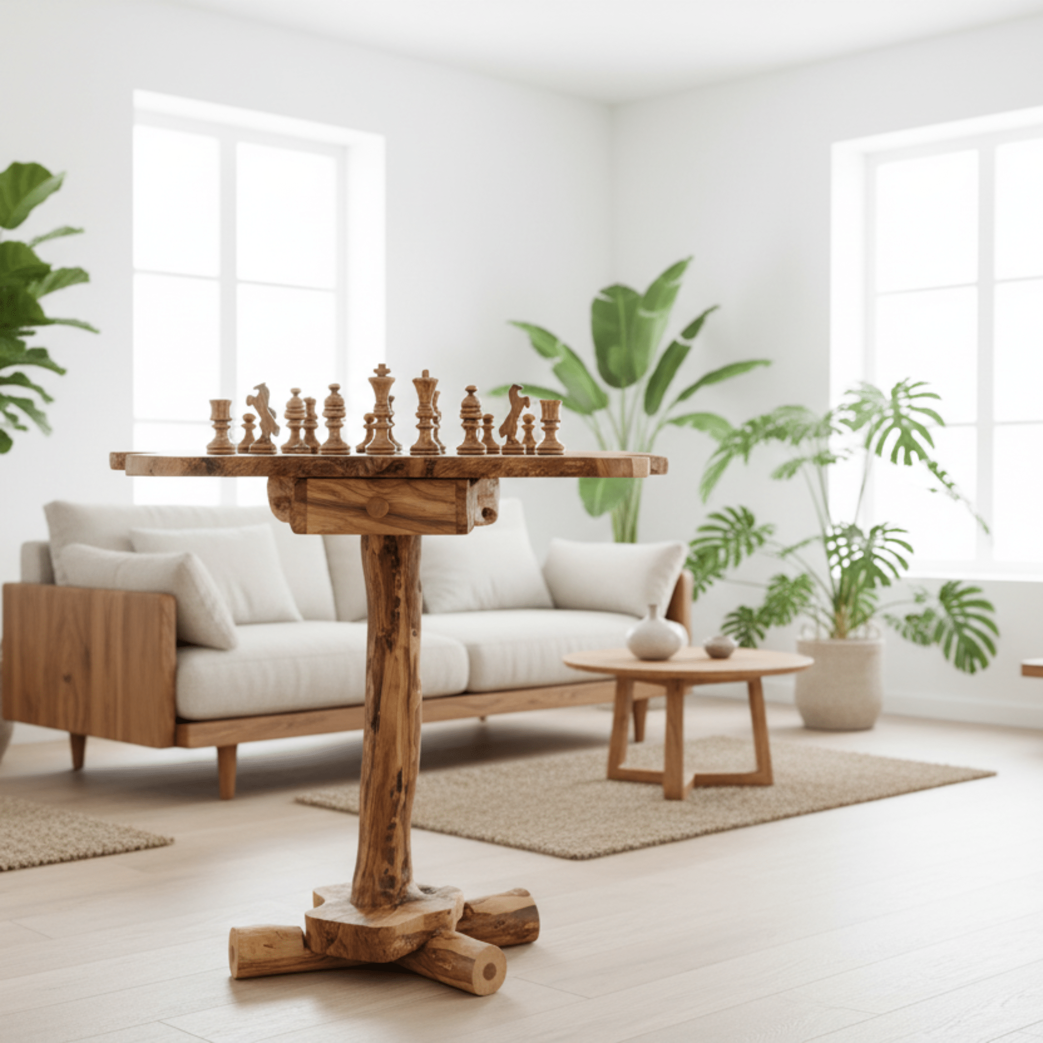 Wooden chess table in a modern living room with plants and furniture.