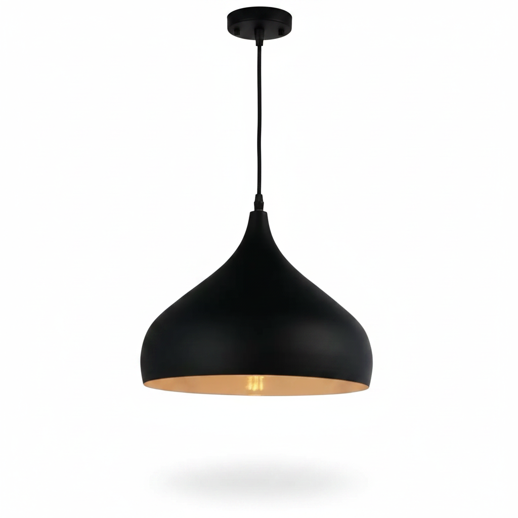 Black Retro Industrial Metal Dome Lampshade with cord on white background