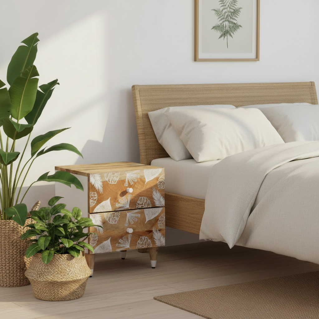 A neatly made bed with white bedding and a beige throw blanket, set in a bright, modern bedroom with a light wood headboard, a matching wood nightstand