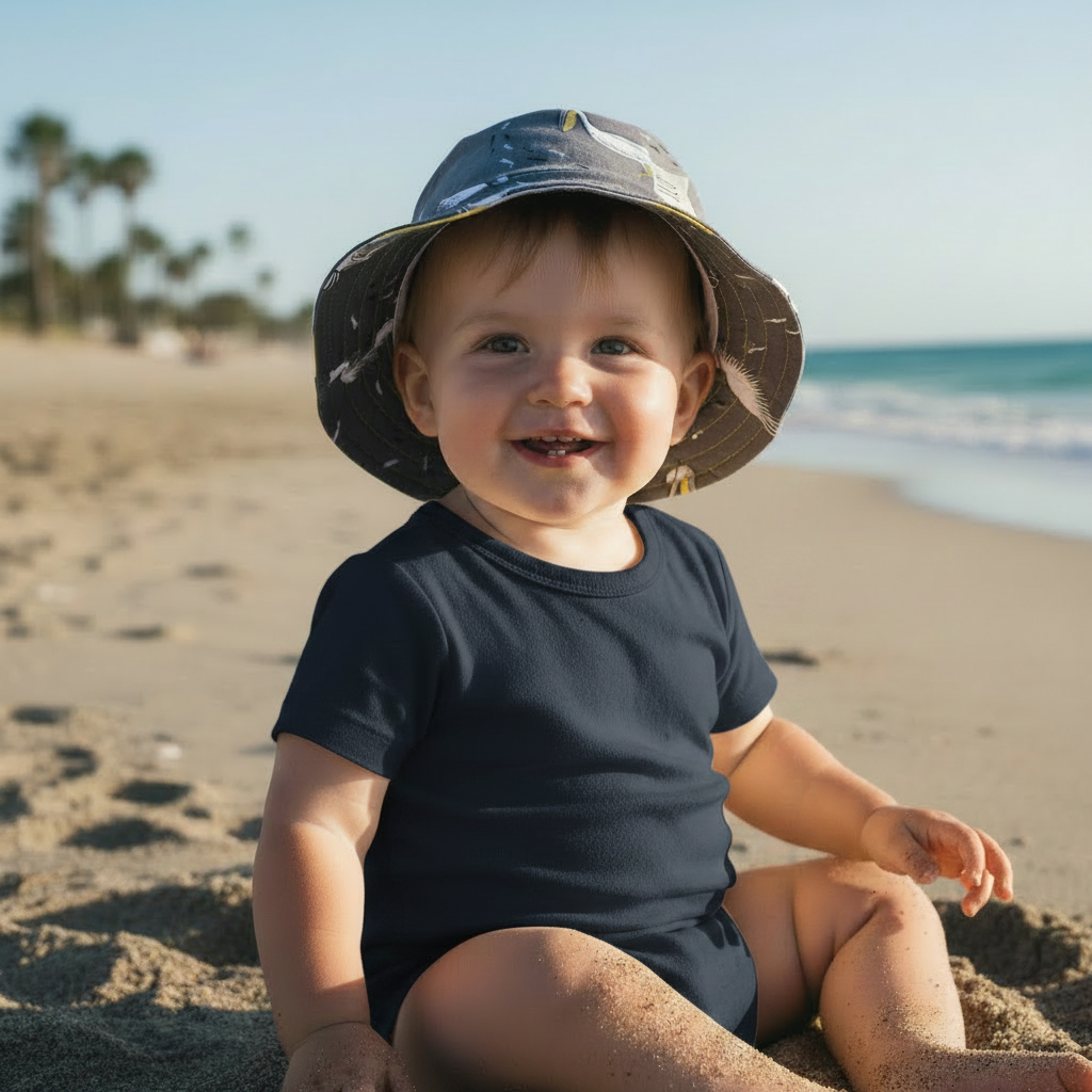 Toddler wearing blue pelican print reversible bucket hat outdoors on a sunny day - ILO Clothing at Emmy Jane Boutique