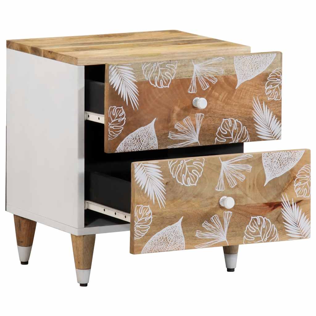 Wooden nightstand with leaf pattern and white legs on a white background