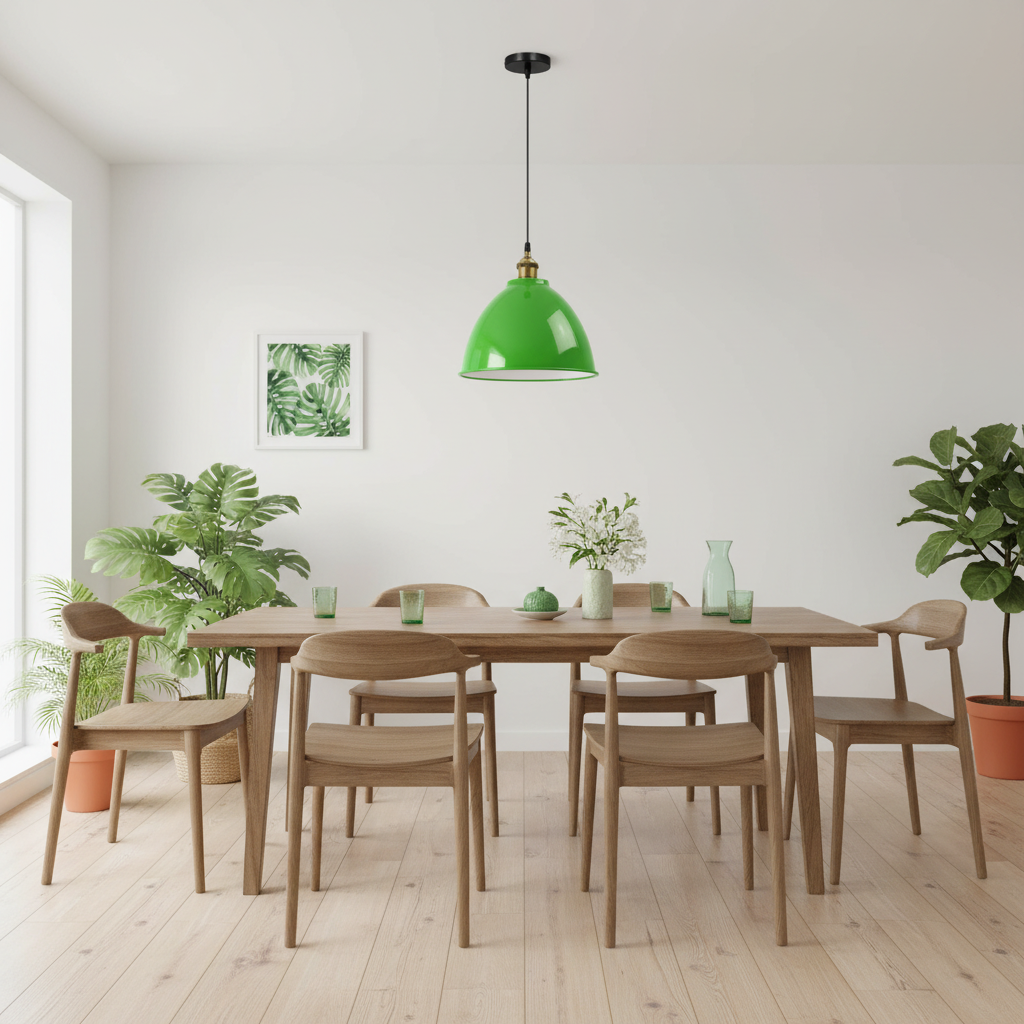 Vintage Industrial Green Metal Pendant Light hanging in a bright modern white kitchen with wooden furniture and green plants