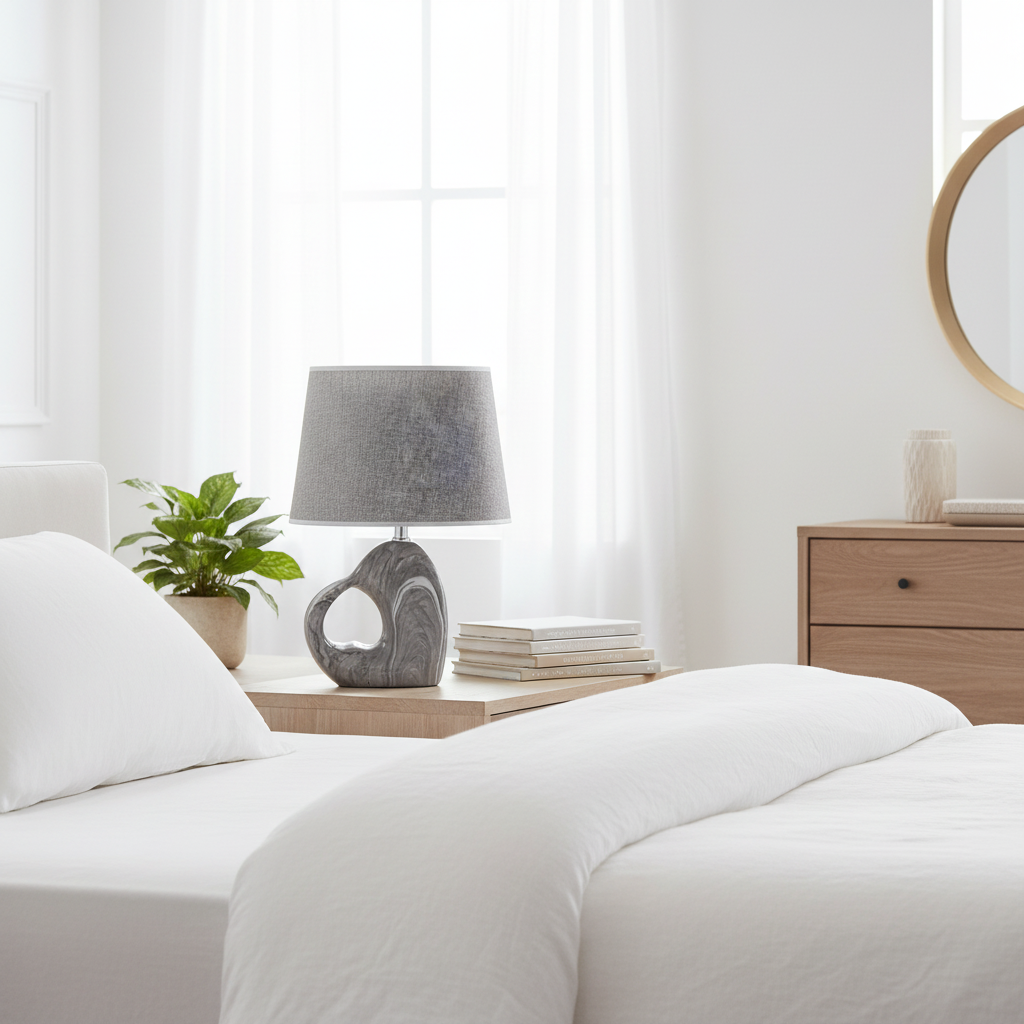 Modern Grey Marbled Ceramic Table Lamp with coolie shade on a wooden bedside table in a bright white bedroom