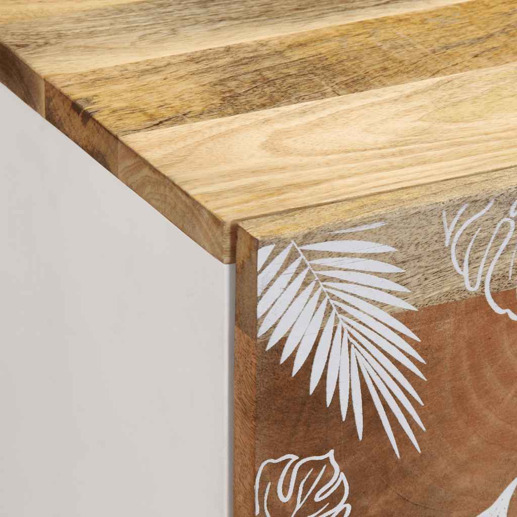 close-up of a Wooden bedside table with white leaf patterns on a plain background