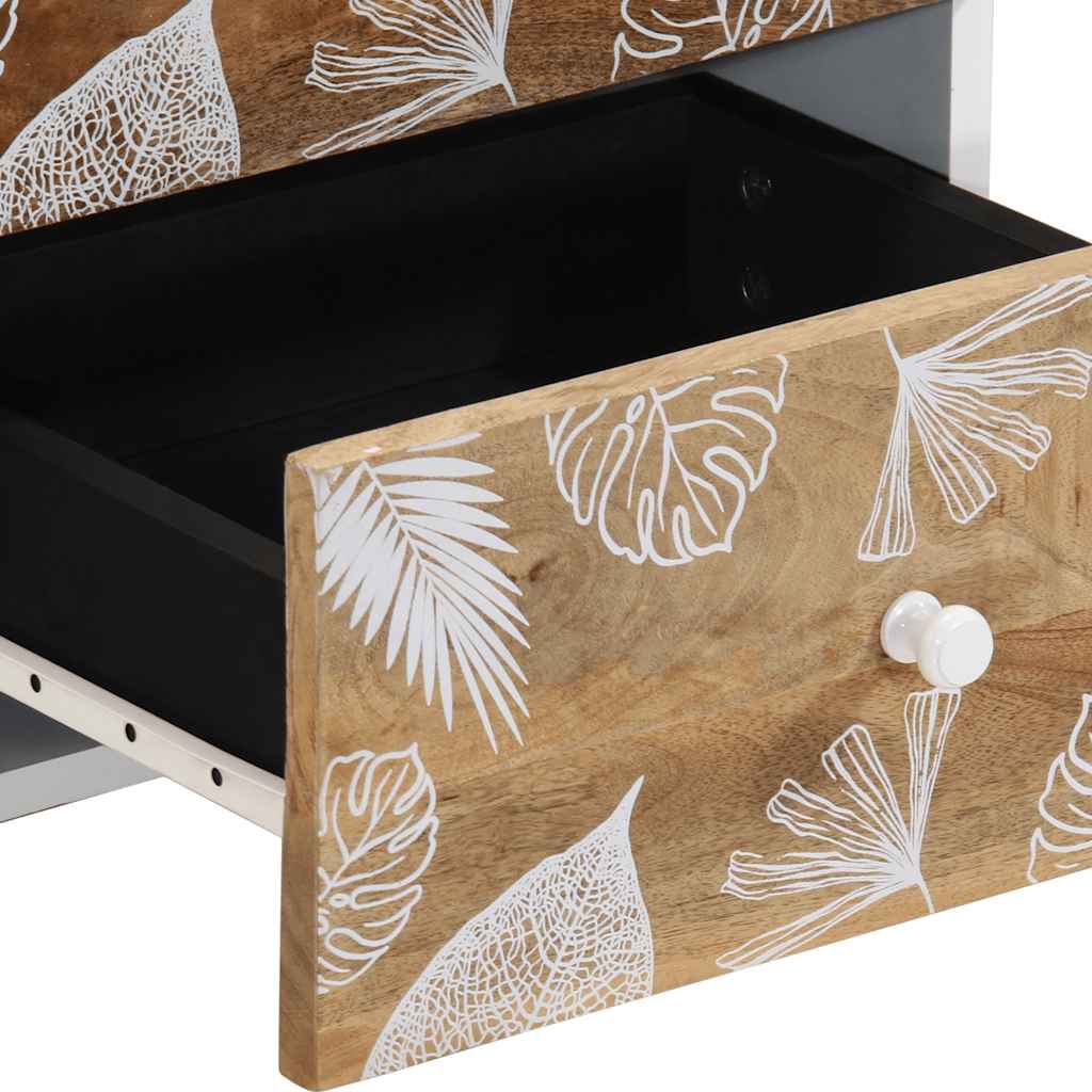 Wooden drawer with white leaf pattern and black interior