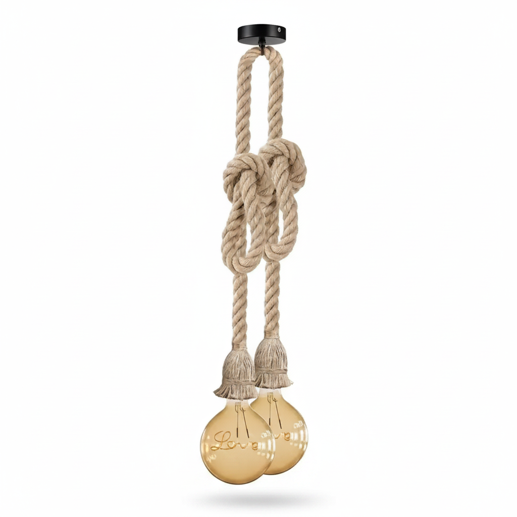 Modern Hemp Rope Hanging Pendant Light with decorative knot and twin amber Edison globe bulbs on white background