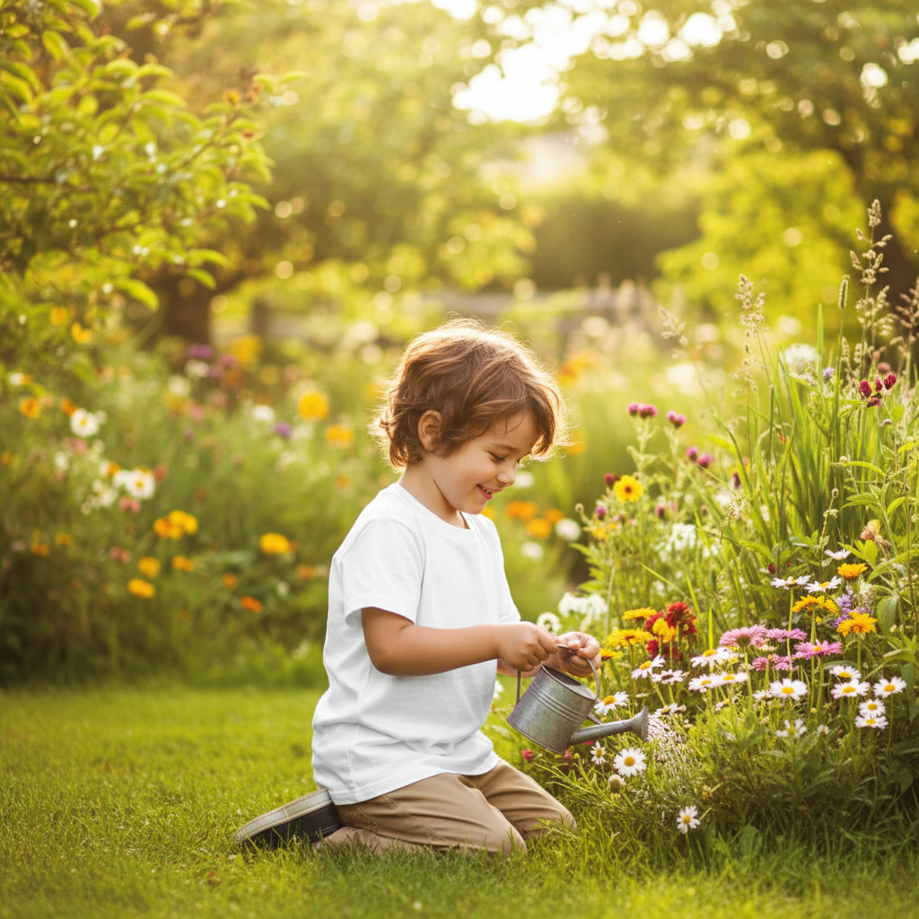 Child wearing a plain white Fruit of the Loom crew neck t-shirt playing outdoors in summer - Emmy Jane Boutique