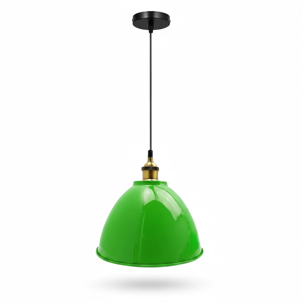 Vintage Industrial Green Metal Dome Pendant Light with brass fitting and black cord on white background