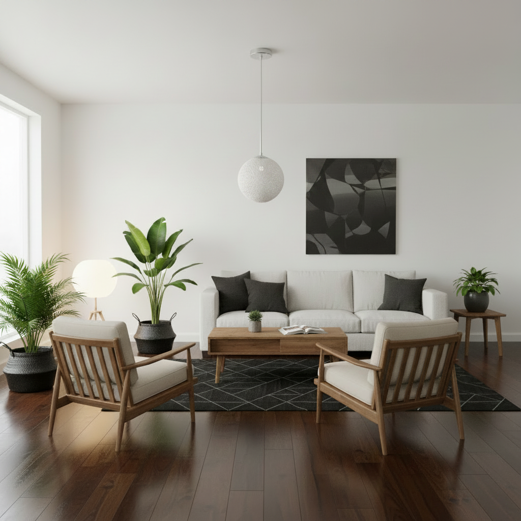 Modern Wicker Rattan Pendant Lampshade in White hanging in a bright modern white living space with wooden furniture and green plants