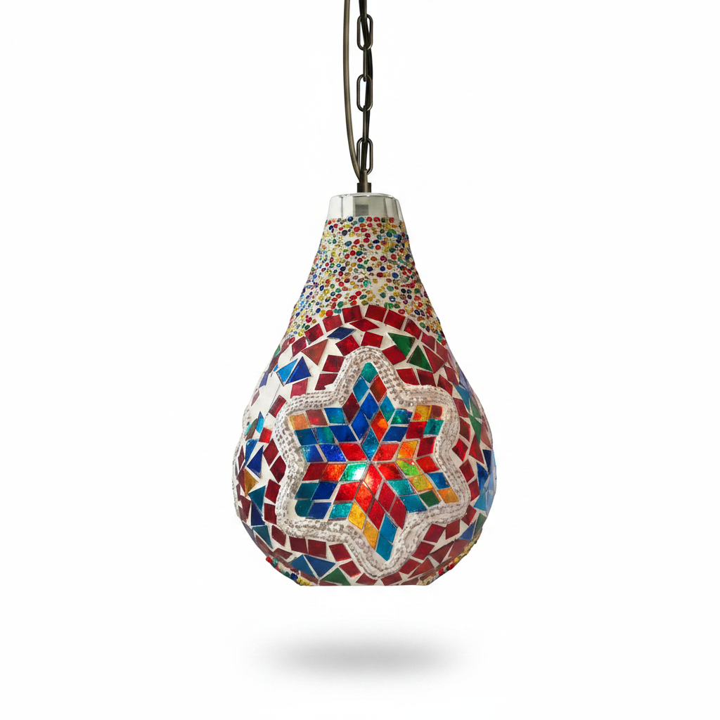 Handcrafted Turkish Moroccan Mosaic Glass Hanging Pendant Lamp with multicolour star pattern tiles on white background